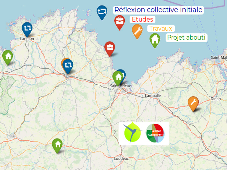 carte des projets d'habitat collectif dans les côtes d'Armor depuis le site habitat participatif ouest